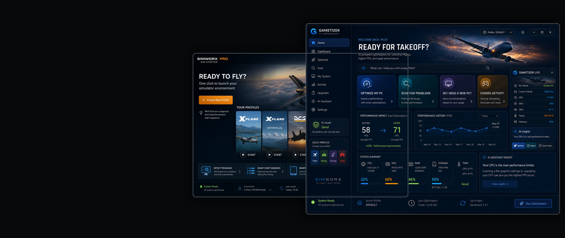 SimStarter Pro and GameBoost software running on simulator computers